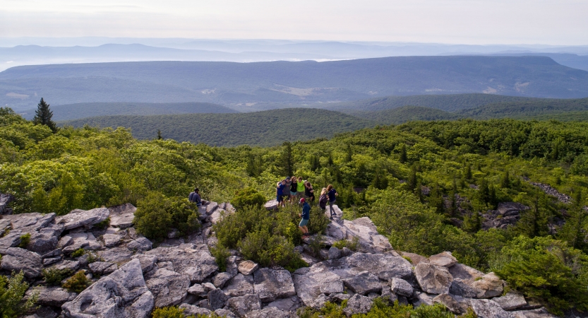 A group of people take in a view of densely wooded mountains from a rocky outlook 